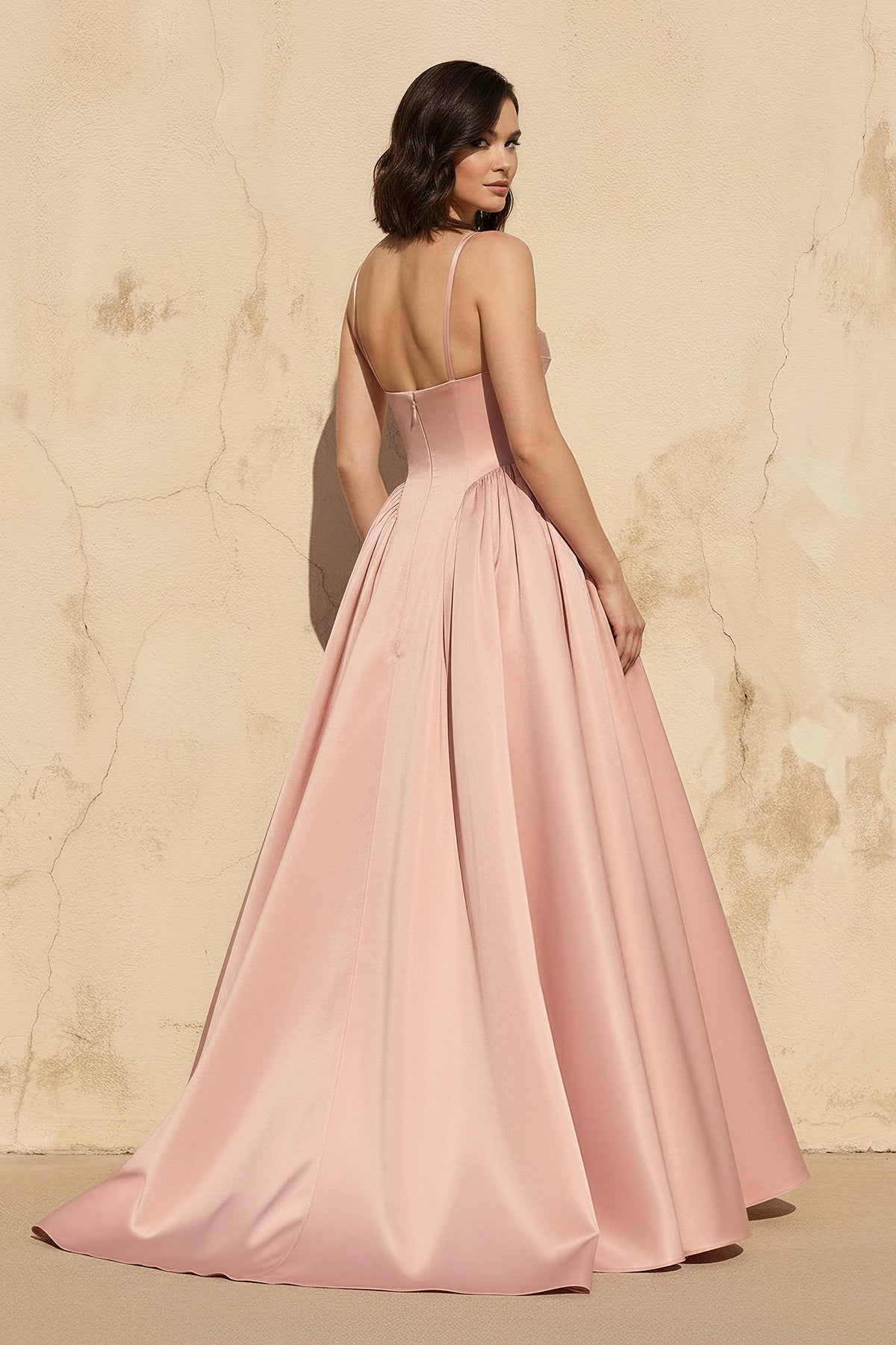 Spaghetti Straps Satin Gown in Rose Petal