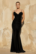 Spaghetti Straps Velvet Gown With Flower in Black