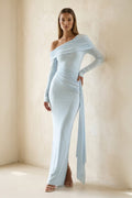 Spandex Ruched Maxi Dress with Drape in Sky Blue