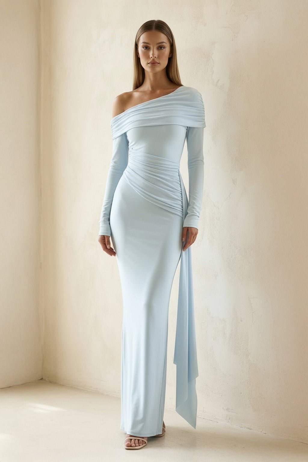 Spandex Ruched Maxi Dress with Drape in Sky Blue