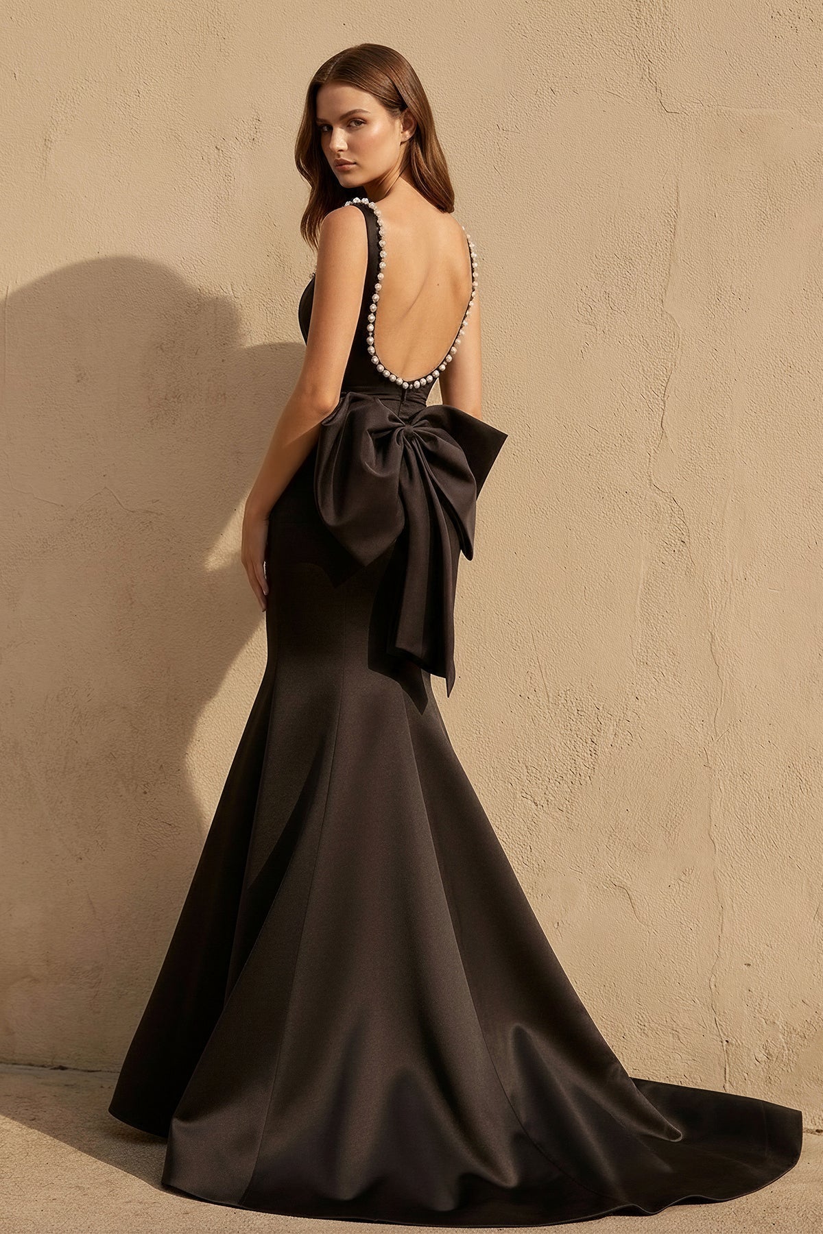 Square Neck Bow Prom Gown With Pearls in Black