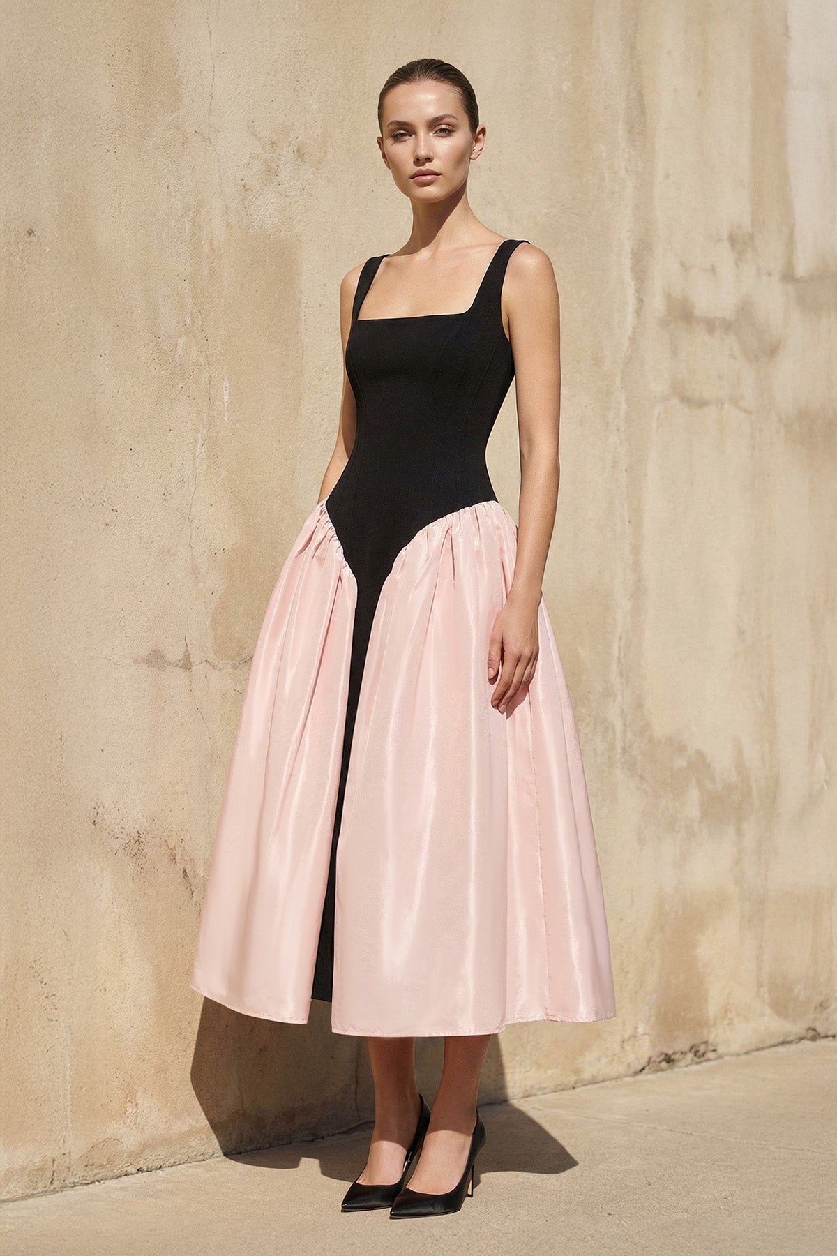Square Neck Corset Midi Dress in Black and Pink