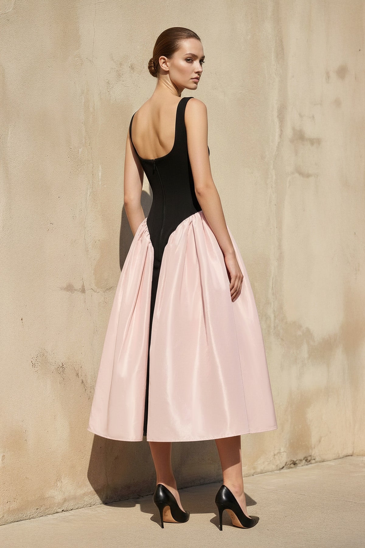 Square Neck Corset Midi Dress in Black and Pink