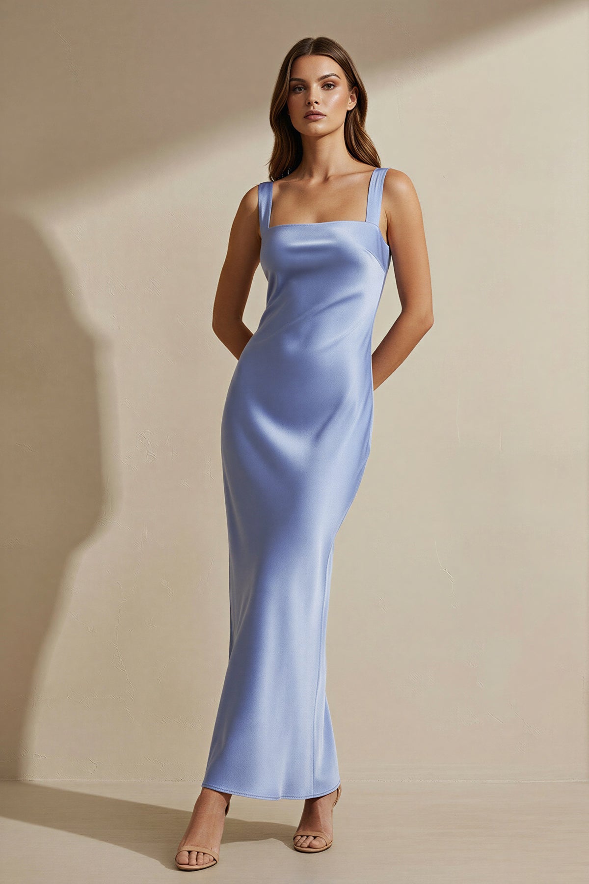 Square Neck Cross Back Satin Maxi Dress in Steel Blue
