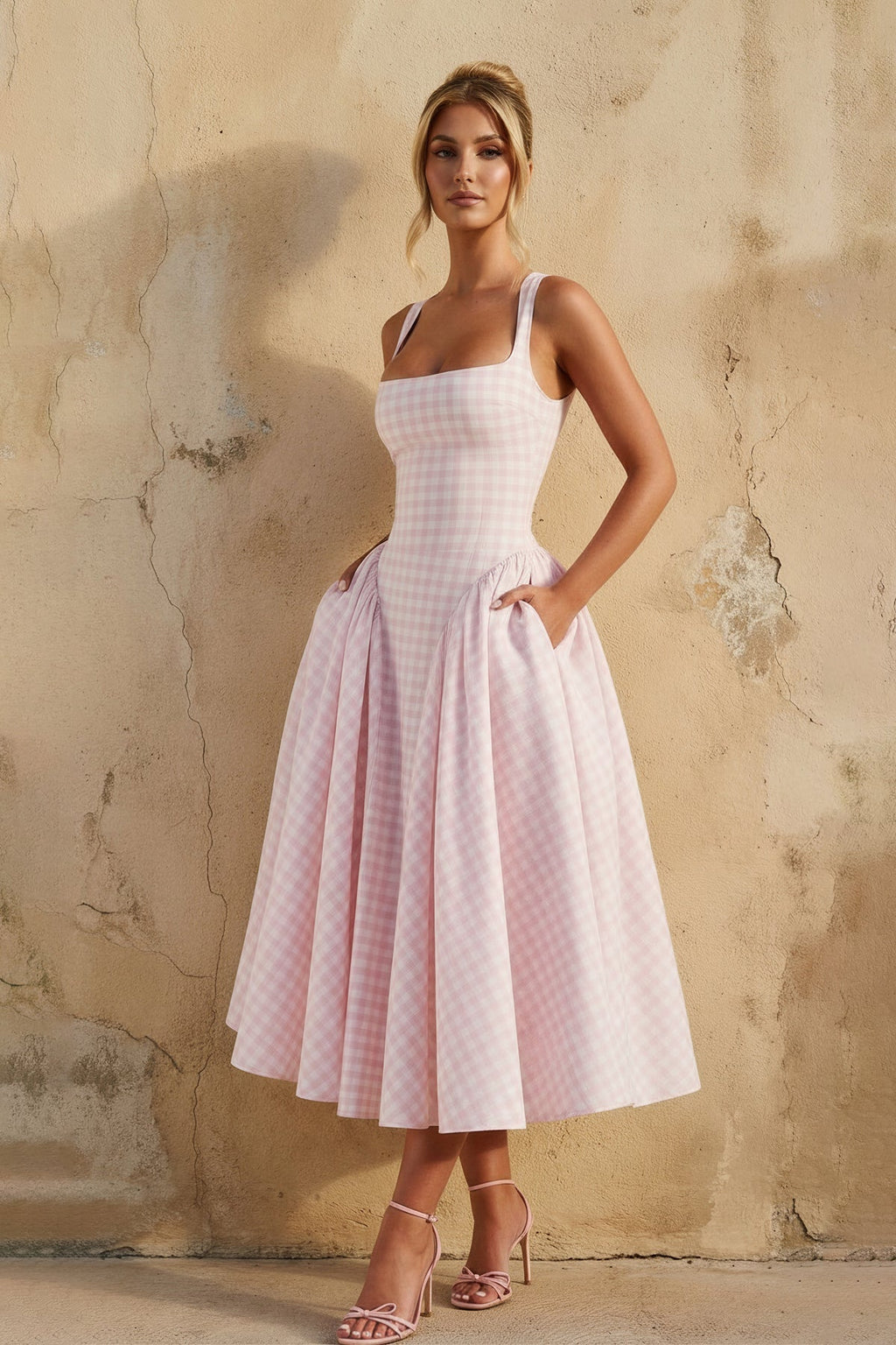 Square Neck Gingham Midi Dress in Pink