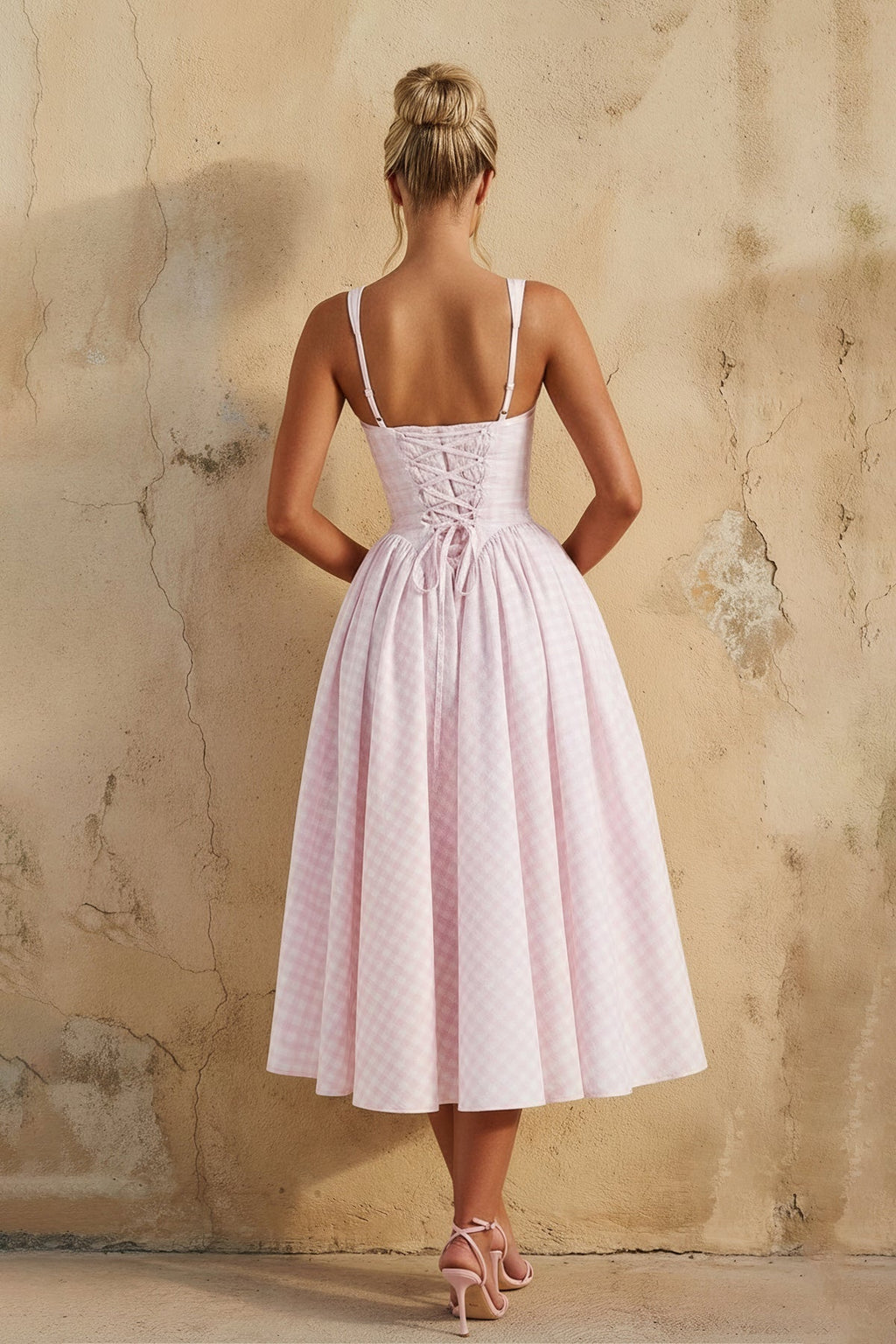 Square Neck Gingham Midi Dress in Pink