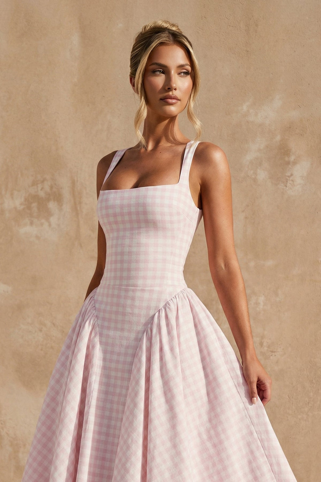 Square Neck Gingham Midi Dress in Pink
