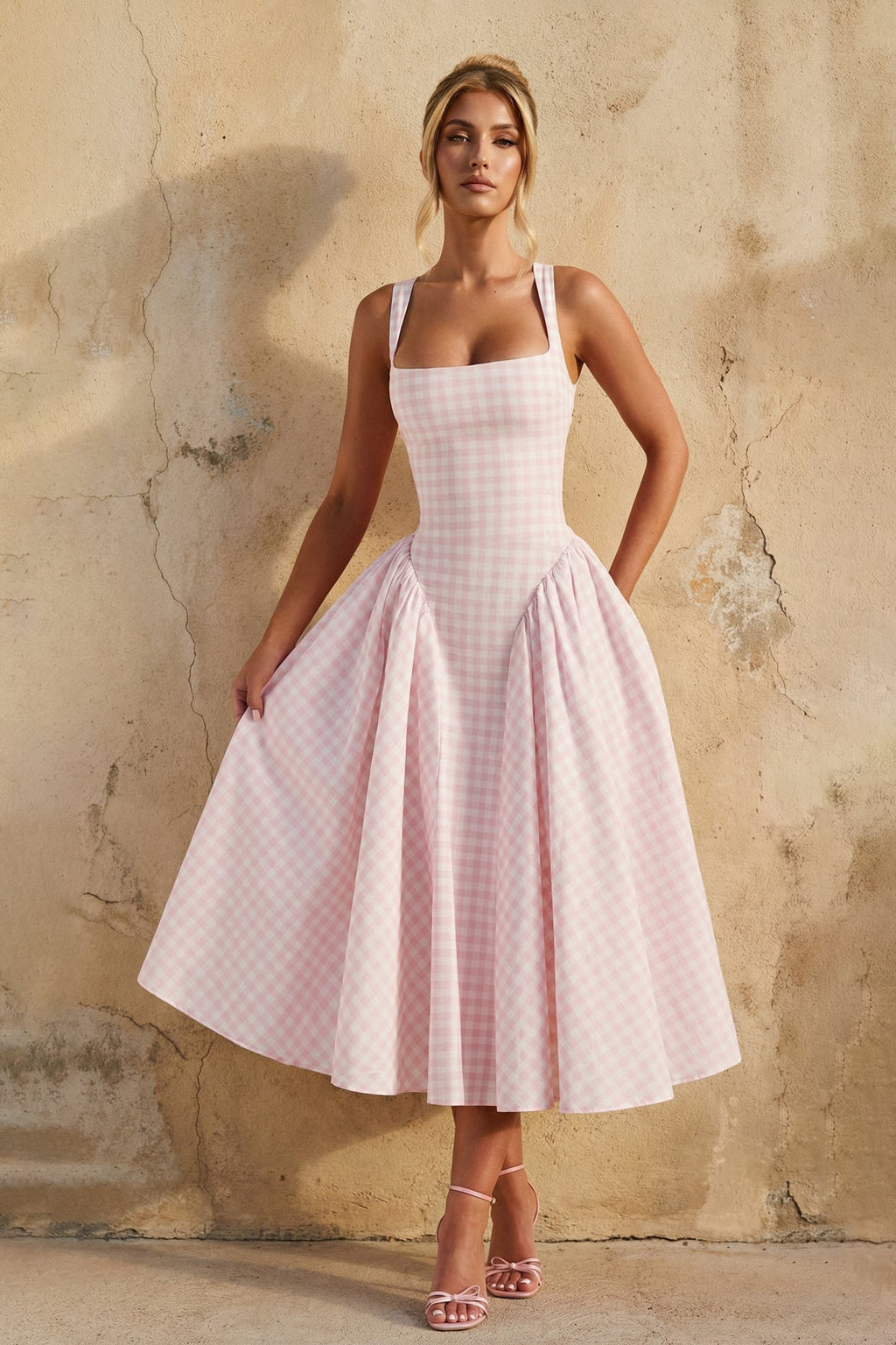 Square Neck Gingham Midi Dress in Pink