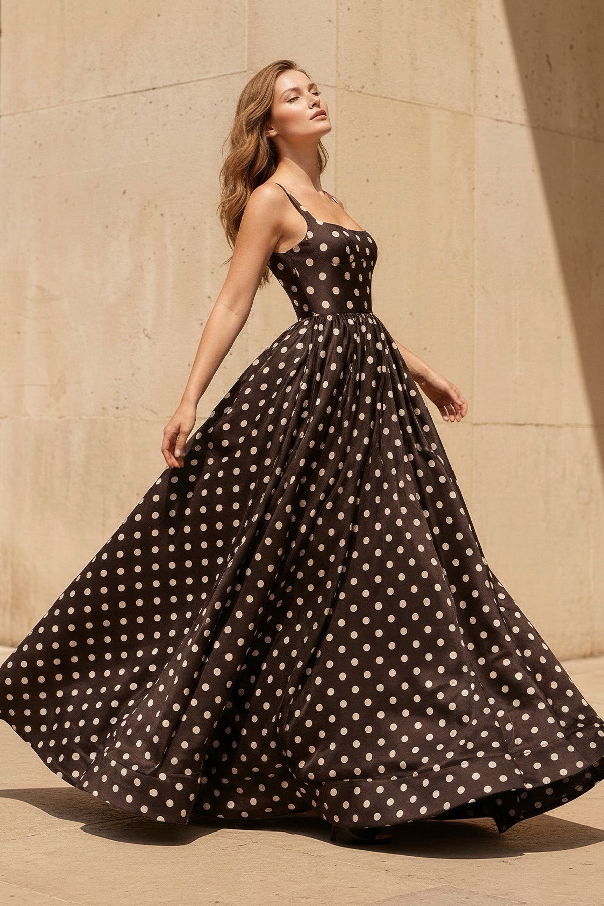 Square Neck Polka Dot Backless Gown in Black