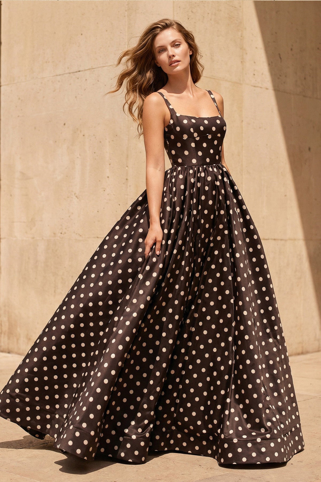 Square Neck Polka Dot Backless Gown in Black
