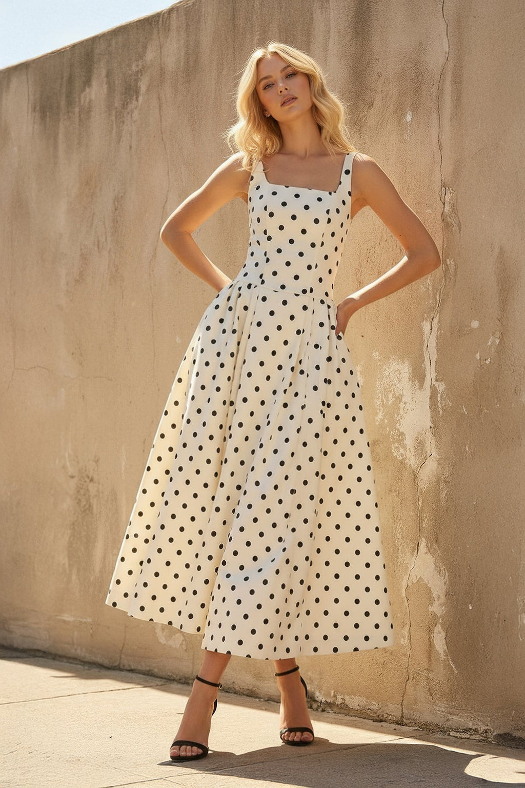 Square Neck Polka Dot Midi Dress in Ivory