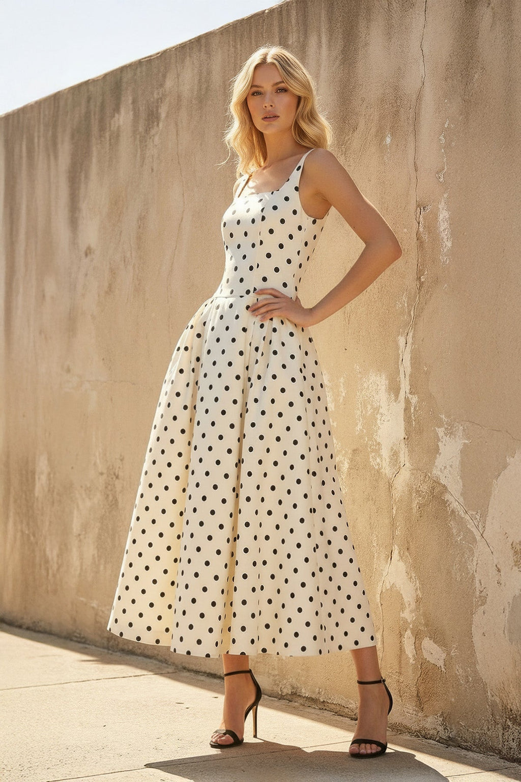 Square Neck Polka Dot Midi Dress in Ivory