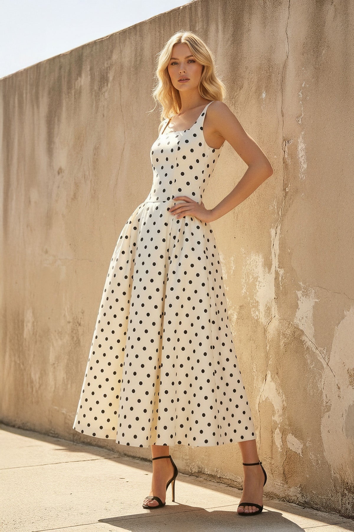 Square Neck Polka Dot Midi Dress in Ivory