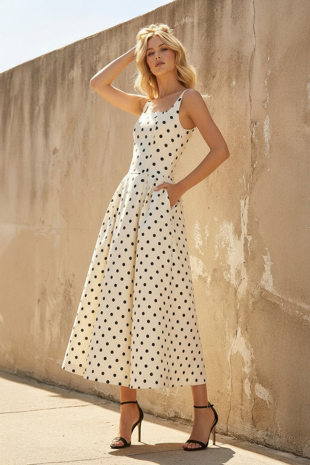 Square Neck Polka Dot Midi Dress in Ivory