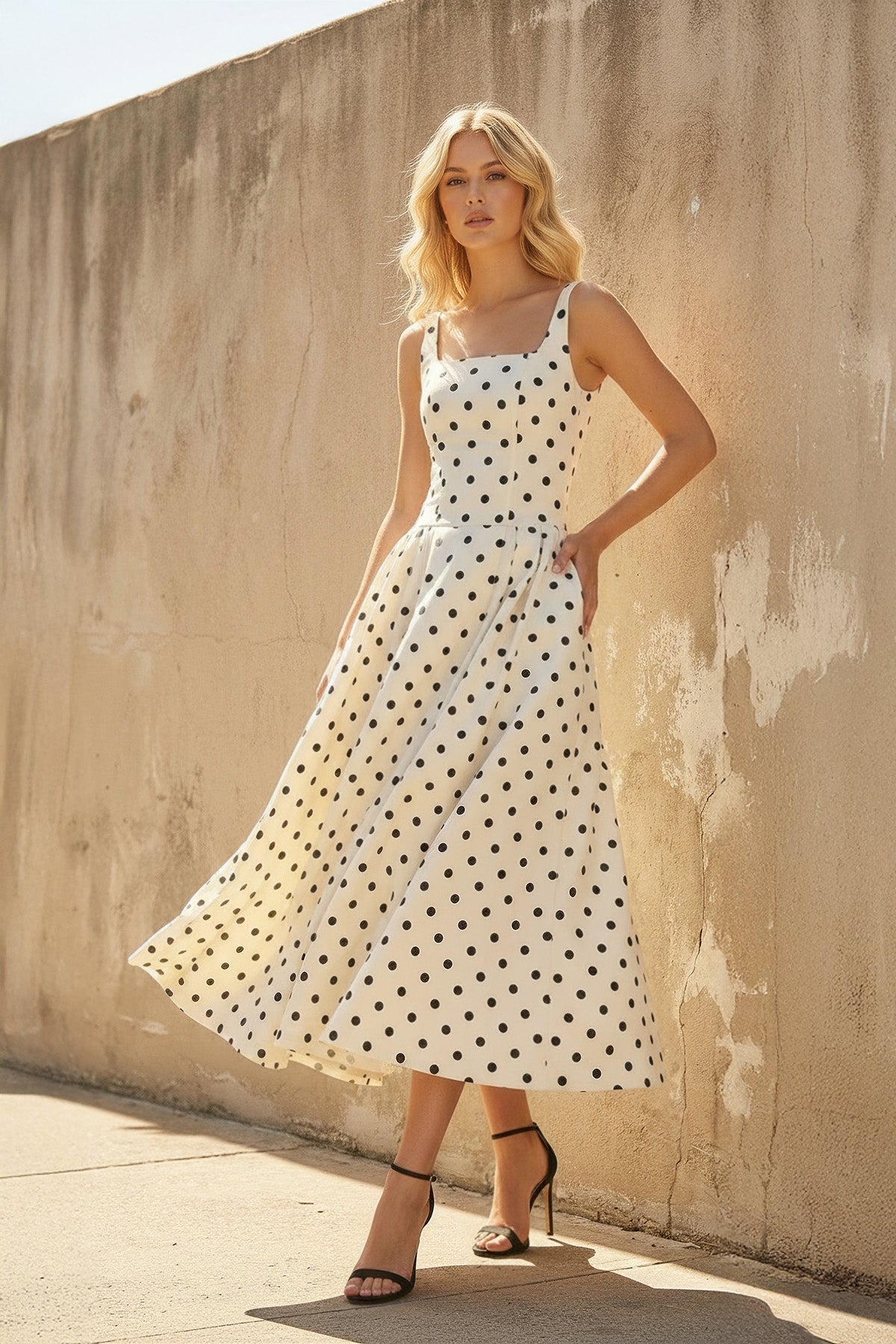 Square Neck Polka Dot Midi Dress in Ivory
