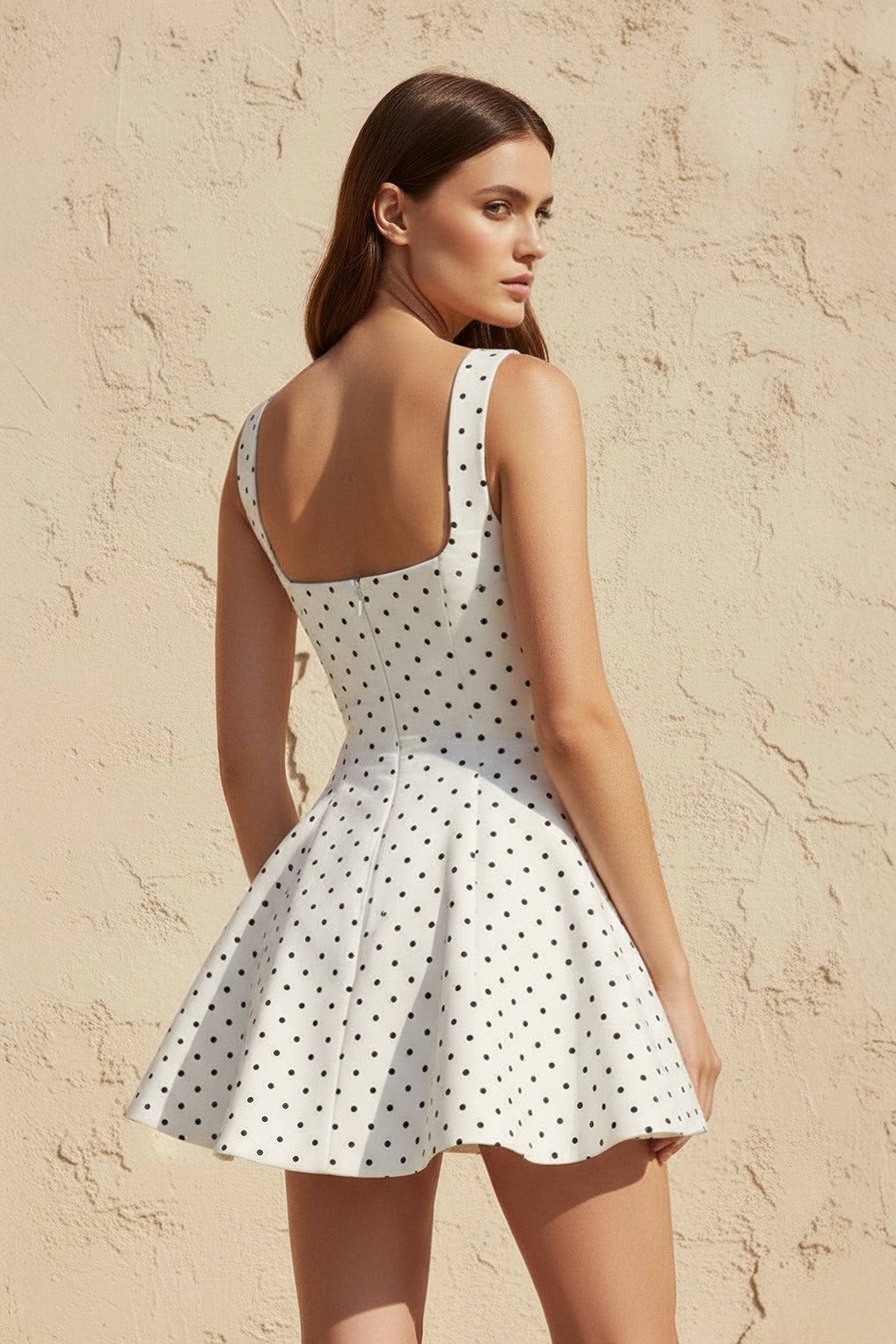 Square Neck Polka Dot Mini Dress in White