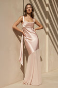 Square Neck Ruched Satin Maxi Dress in Pink