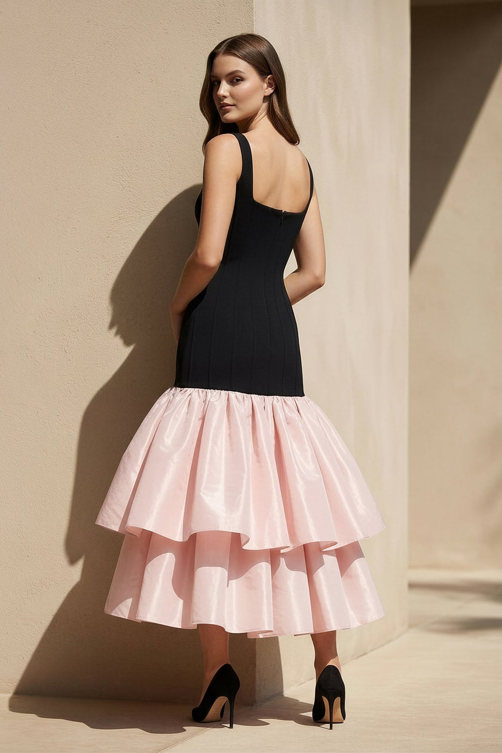 Square Neck Ruffled Midi Dress in Black and Pink