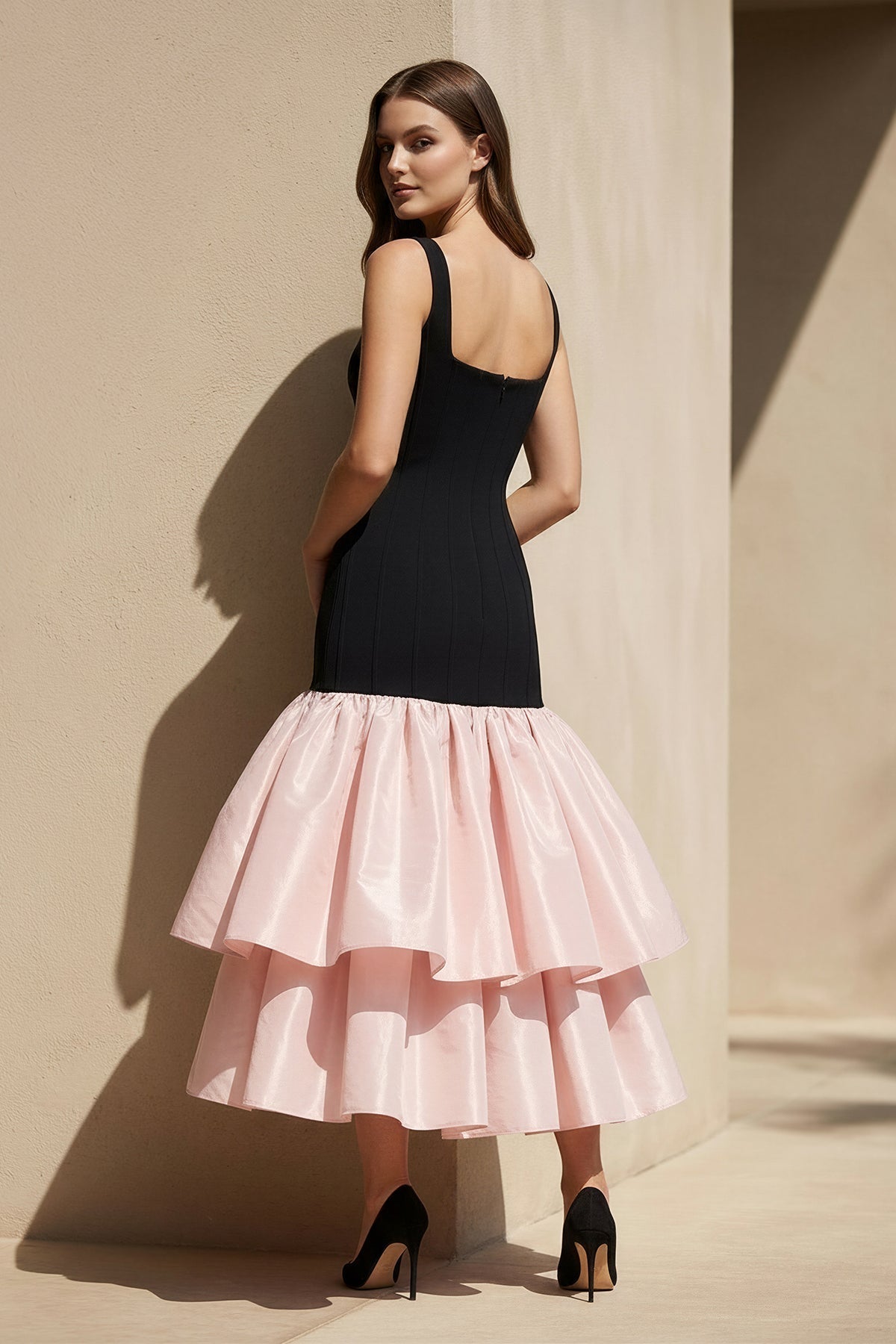 Square Neck Ruffled Midi Dress in Black and Pink