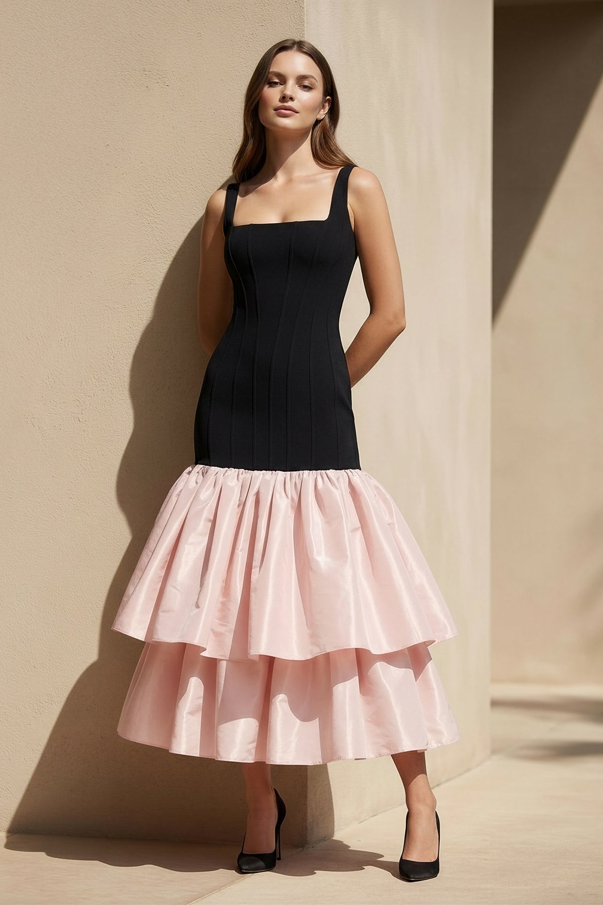 Square Neck Ruffled Midi Dress in Black and Pink