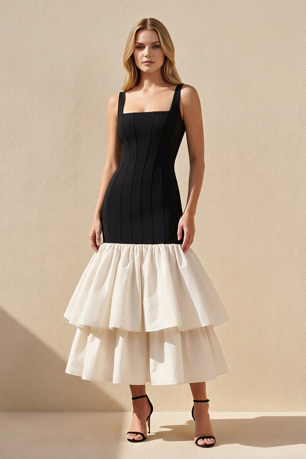 Square Neck Ruffled Midi Dress in Black and White