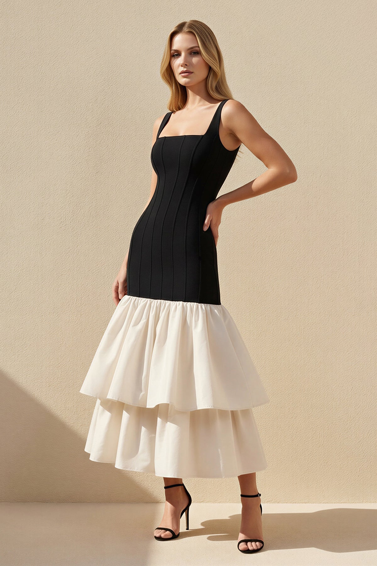 Square Neck Ruffled Midi Dress in Black and White