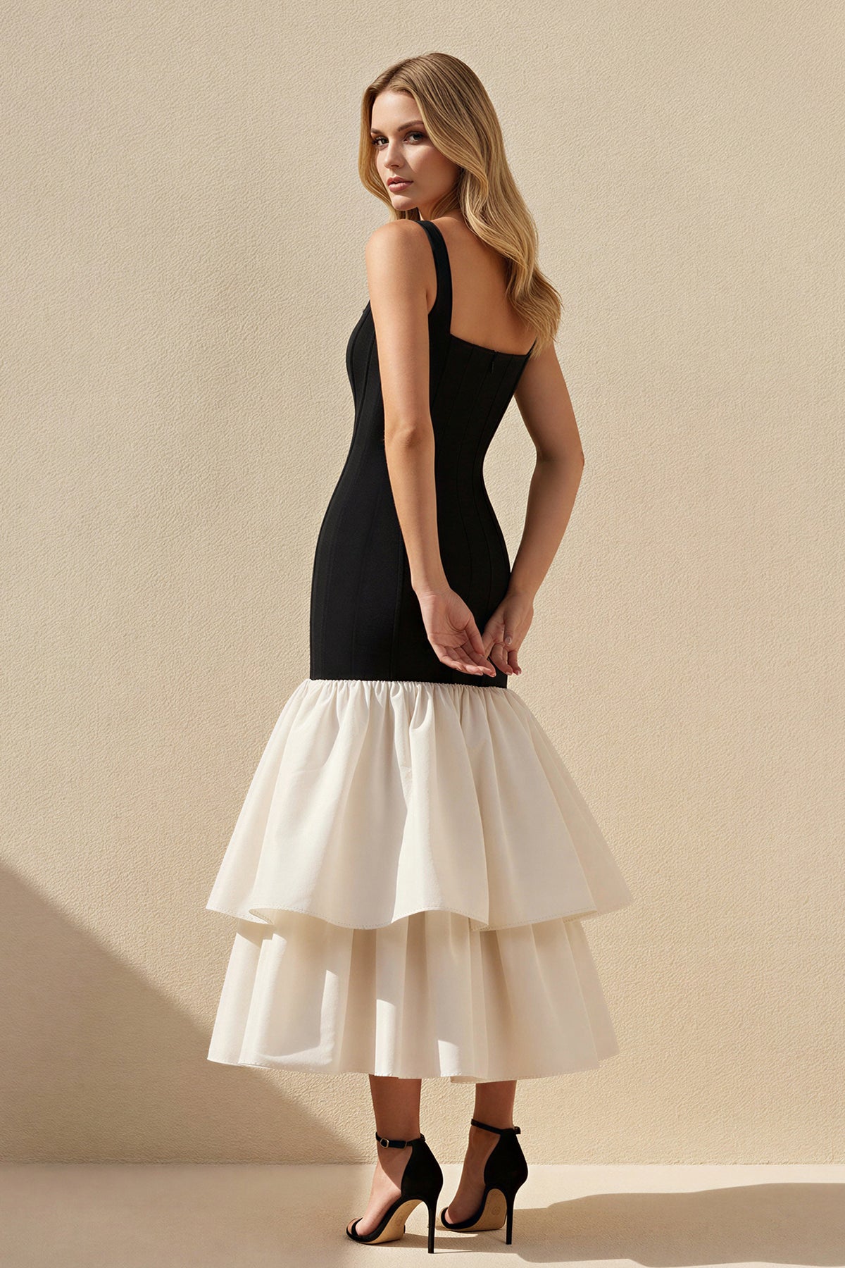 Square Neck Ruffled Midi Dress in Black and White