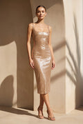 Square Neck Sequins Midi Dress in Champagne