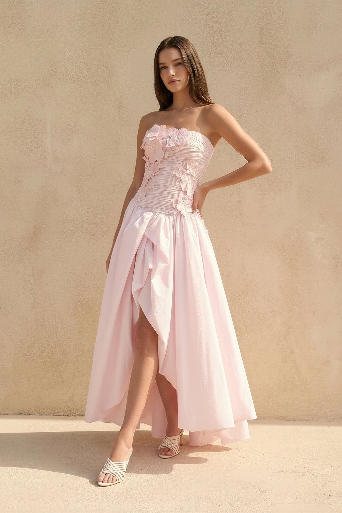 Strapless 3D Floral Appliques Gown in Pink