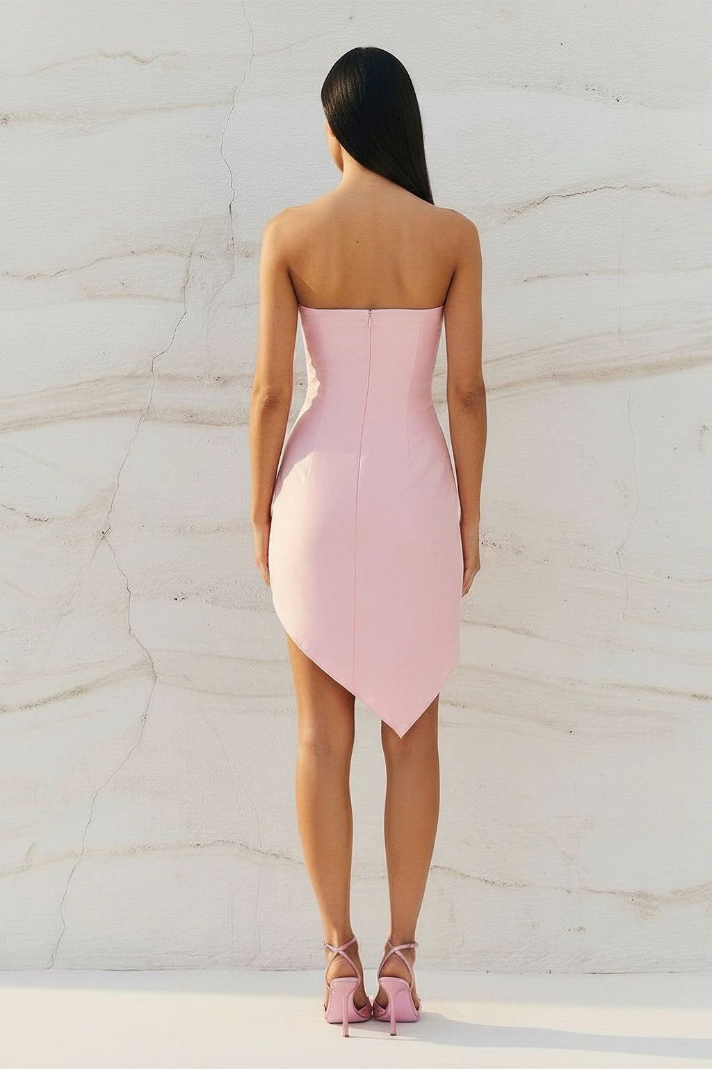 Strapless Asymmetric Hem Mini Dress in Pink