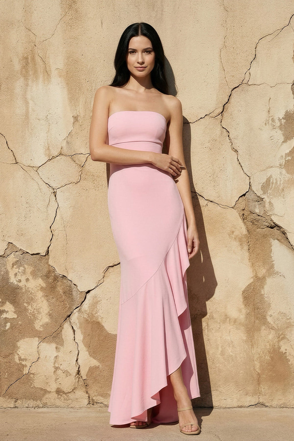 Strapless Asymmetrical Ruffled Maxi Dress in Pink