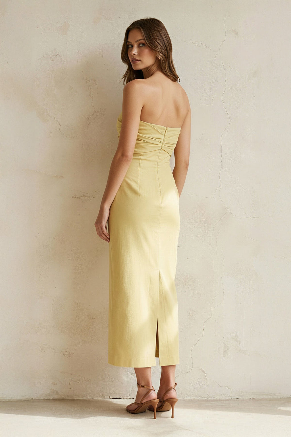 Strapless Bow-Front Midi Dress in Yellow