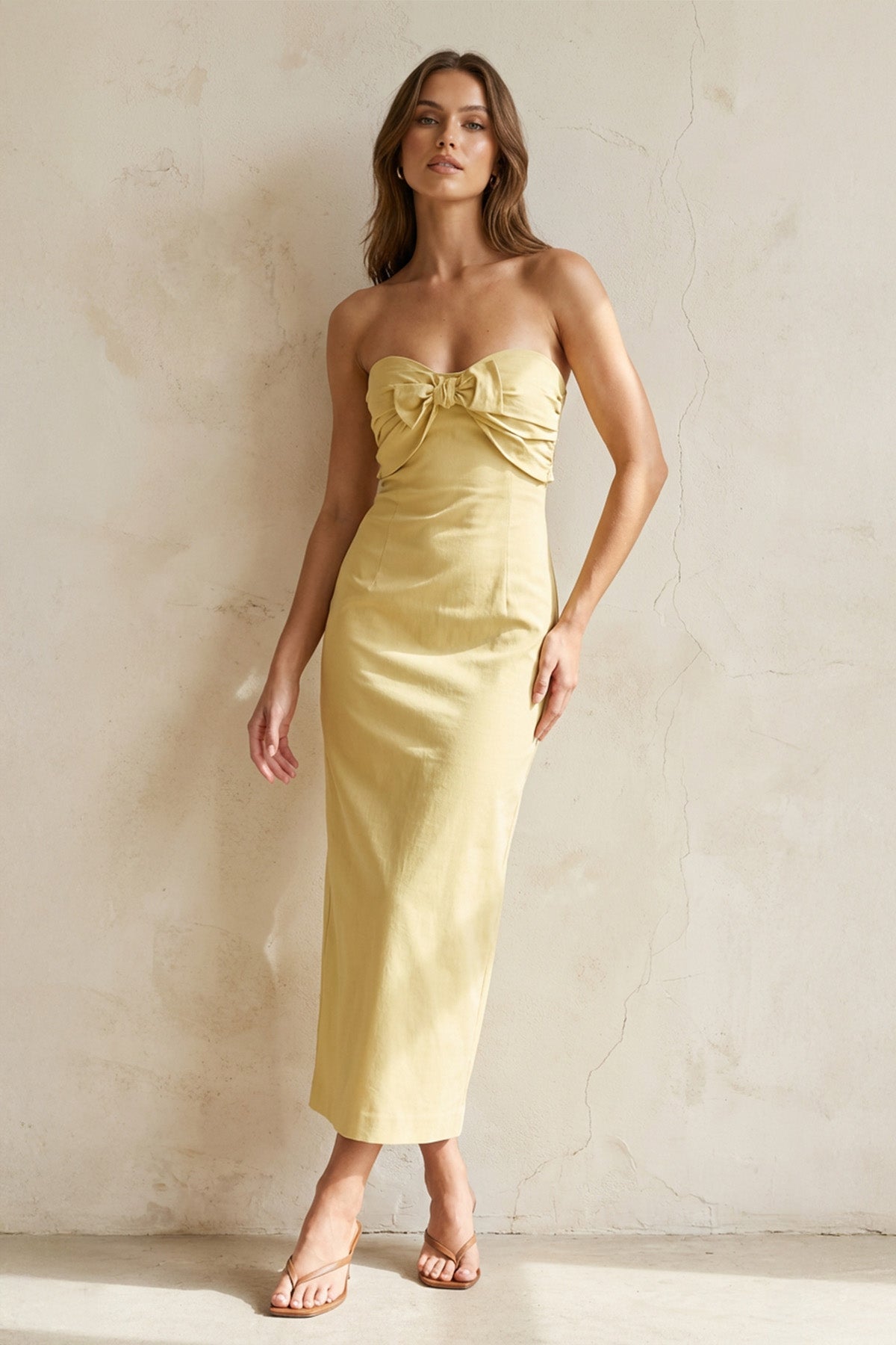 Strapless Bow-Front Midi Dress in Yellow