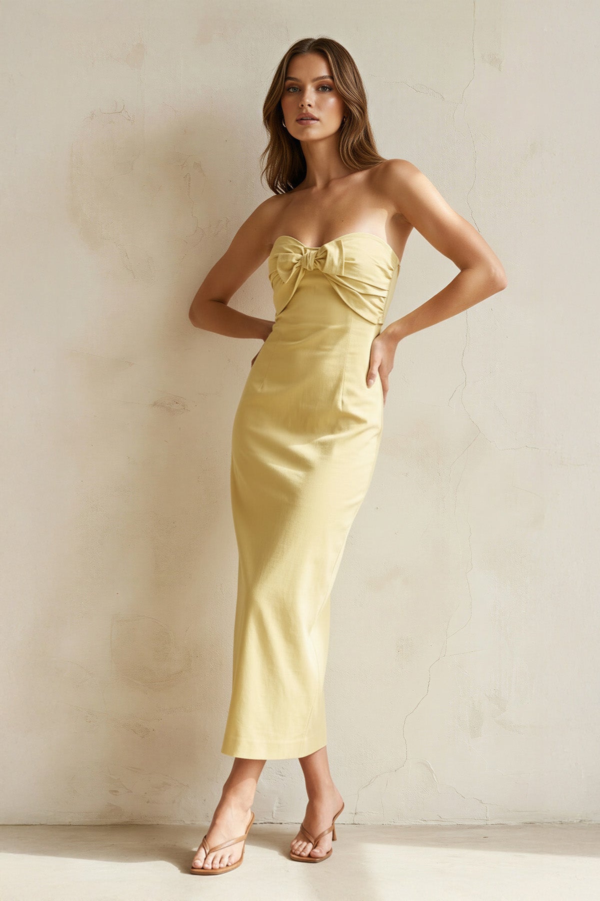Strapless Bow-Front Midi Dress in Yellow