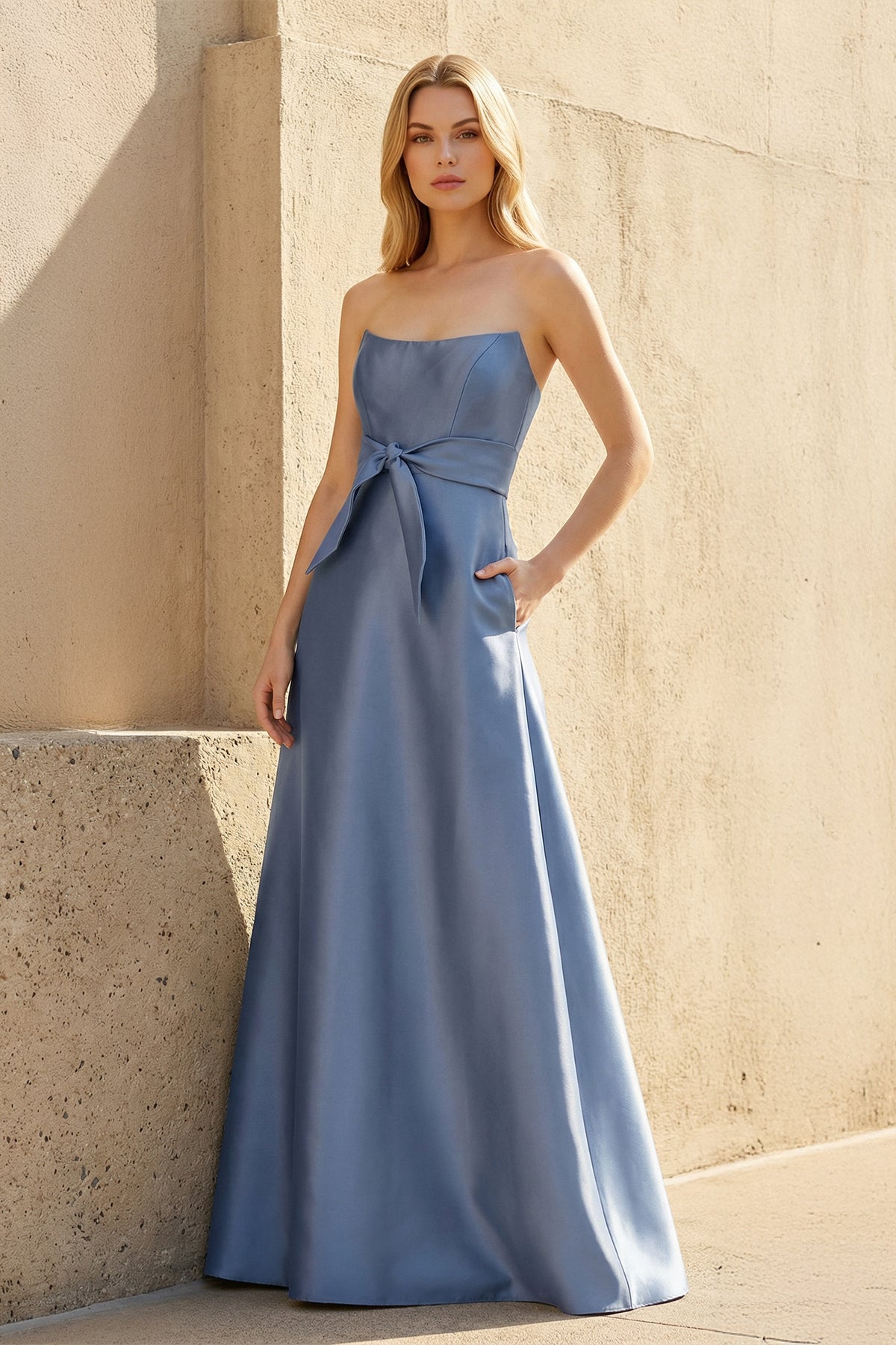 Strapless Bow Gown With Pockets in Steel Blue