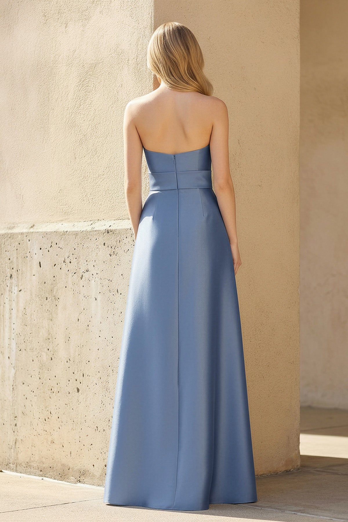 Strapless Bow Gown With Pockets in Steel Blue