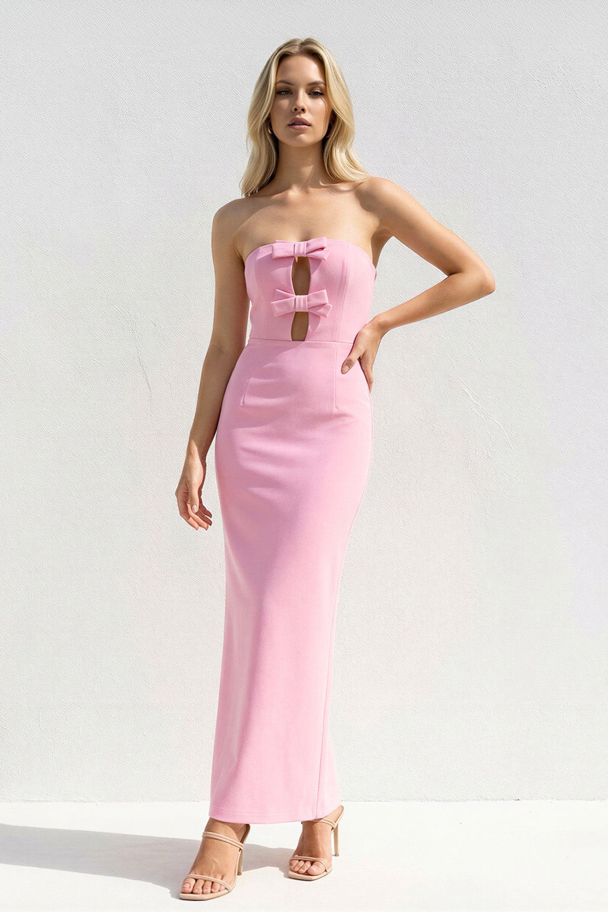 Strapless Cutout Maxi Dress With Bow in Pink