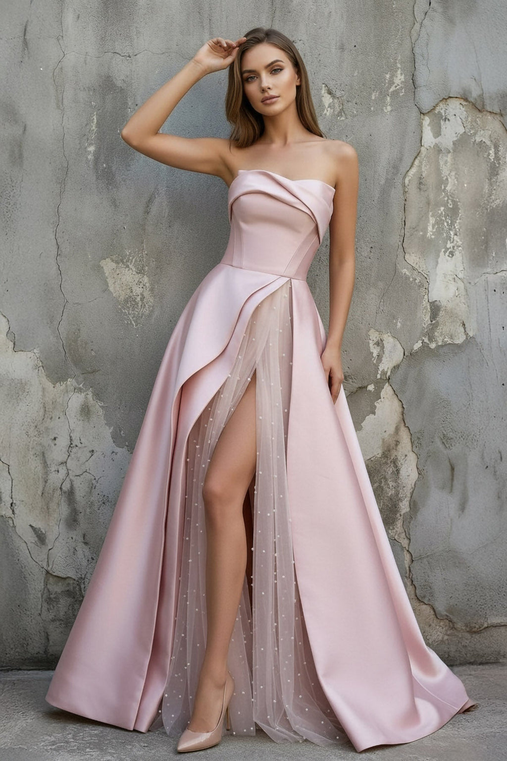 Strapless Draped Satin Prom Dress with Pearl in Pink