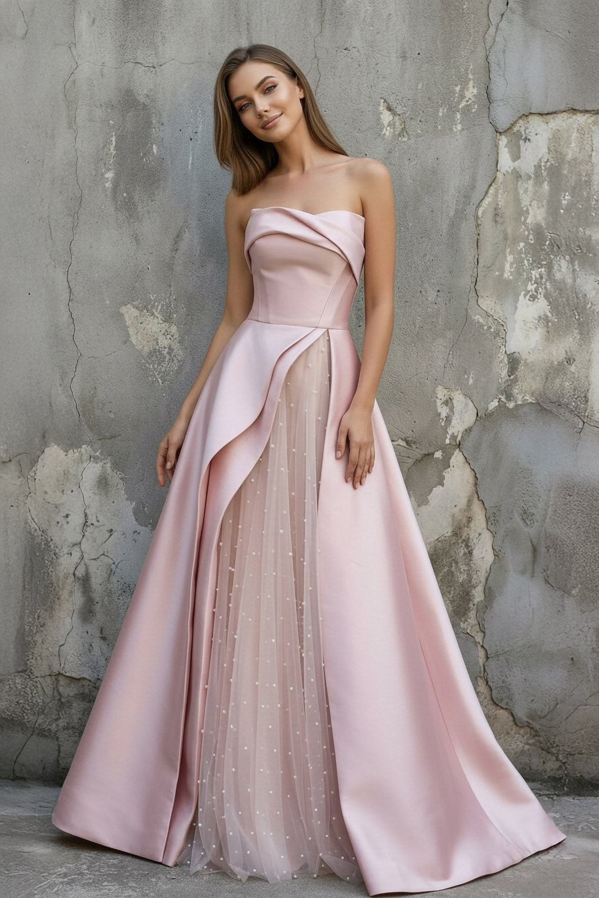 Strapless Draped Satin Prom Dress with Pearl in Pink