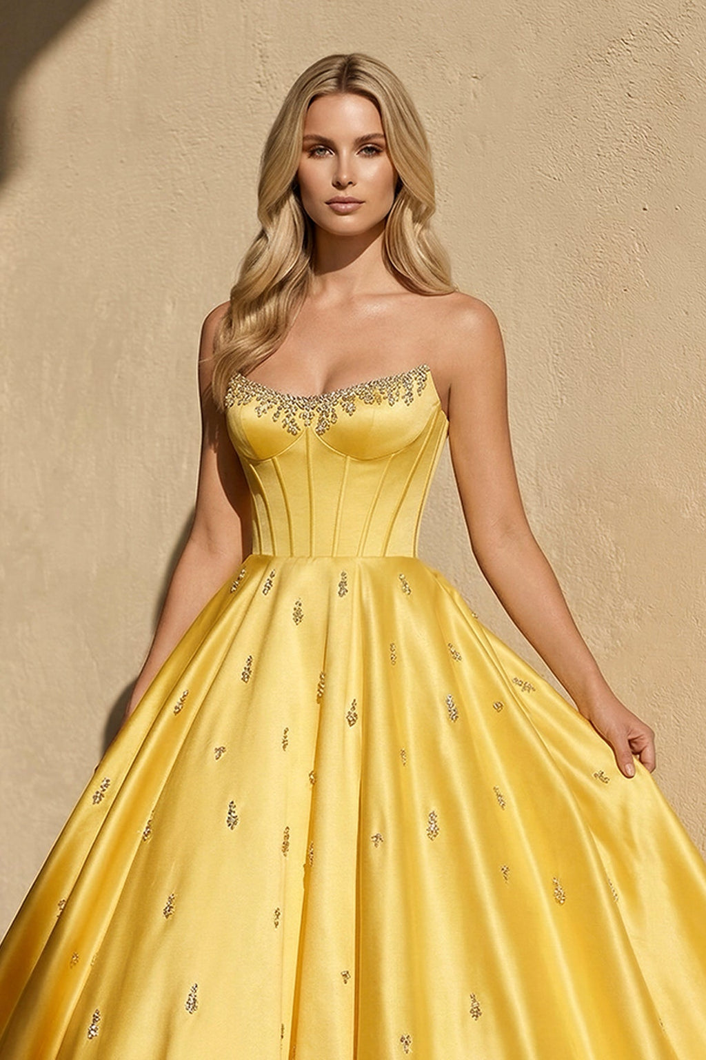 Strapless Prom Gown With Beading in Yellow