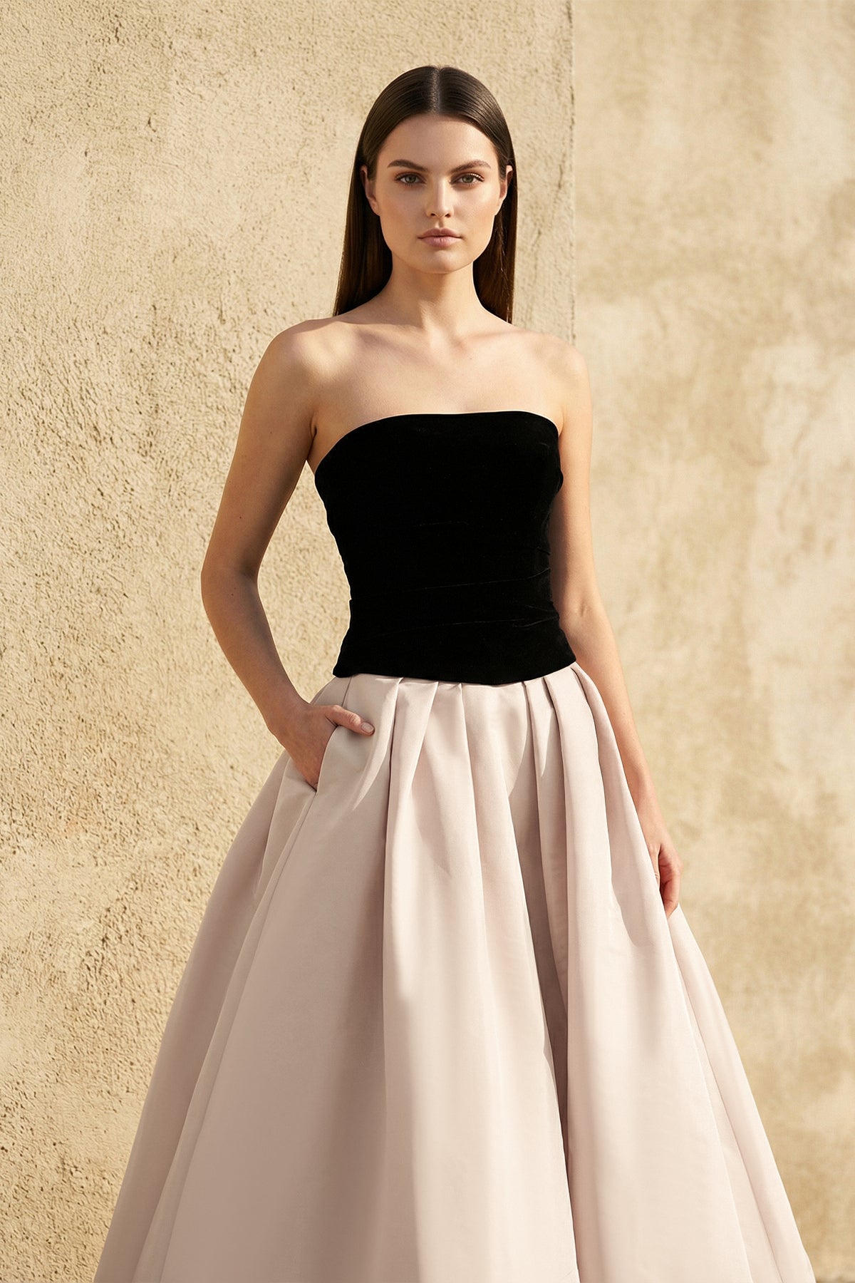 Strapless Gown With Pockets in Champagne
