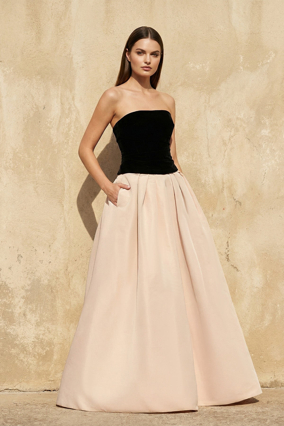 Strapless Gown With Pockets in Champagne