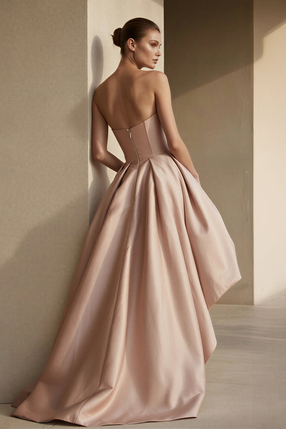 Strapless High-Low Pleated Gown in Blush
