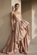 Strapless High-Low Pleated Gown in Blush