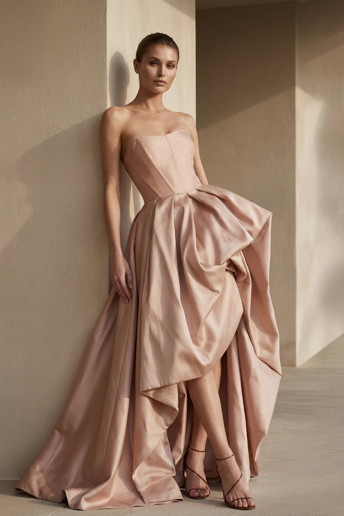 Strapless High-Low Pleated Gown in Blush