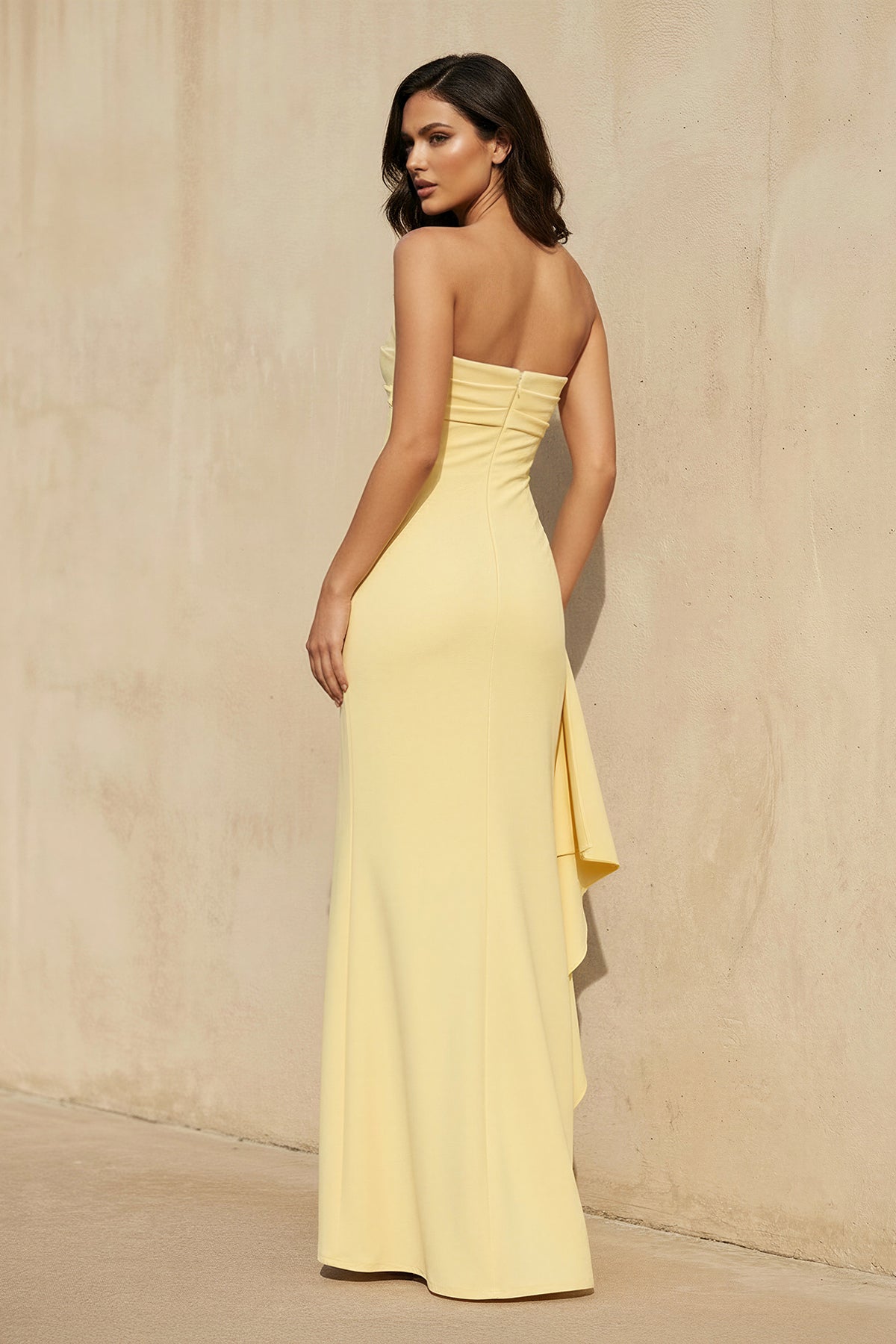 Strapless High-Slit Ruffled Gown in Yellow