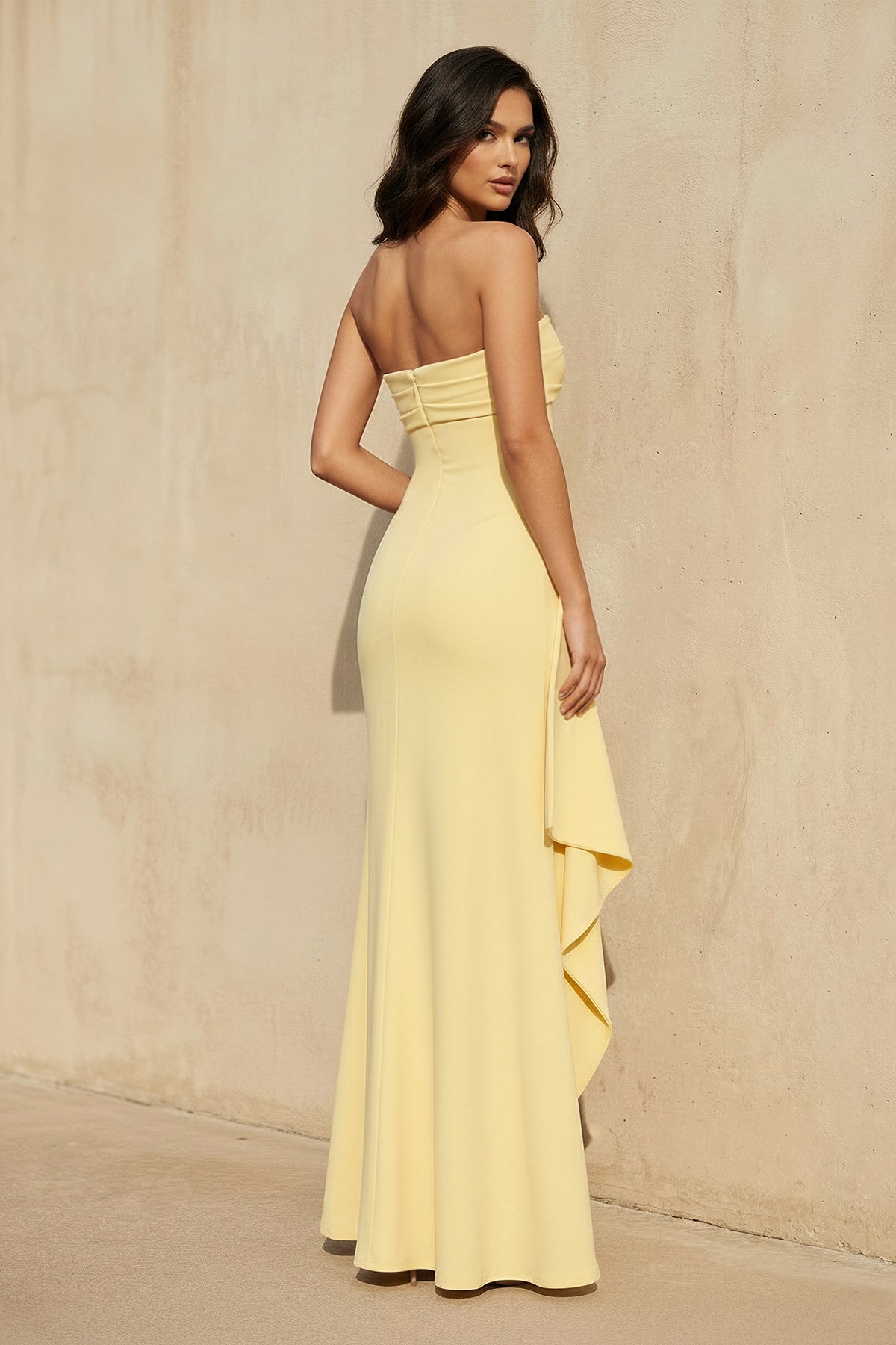 Strapless High-Slit Ruffled Gown in Yellow