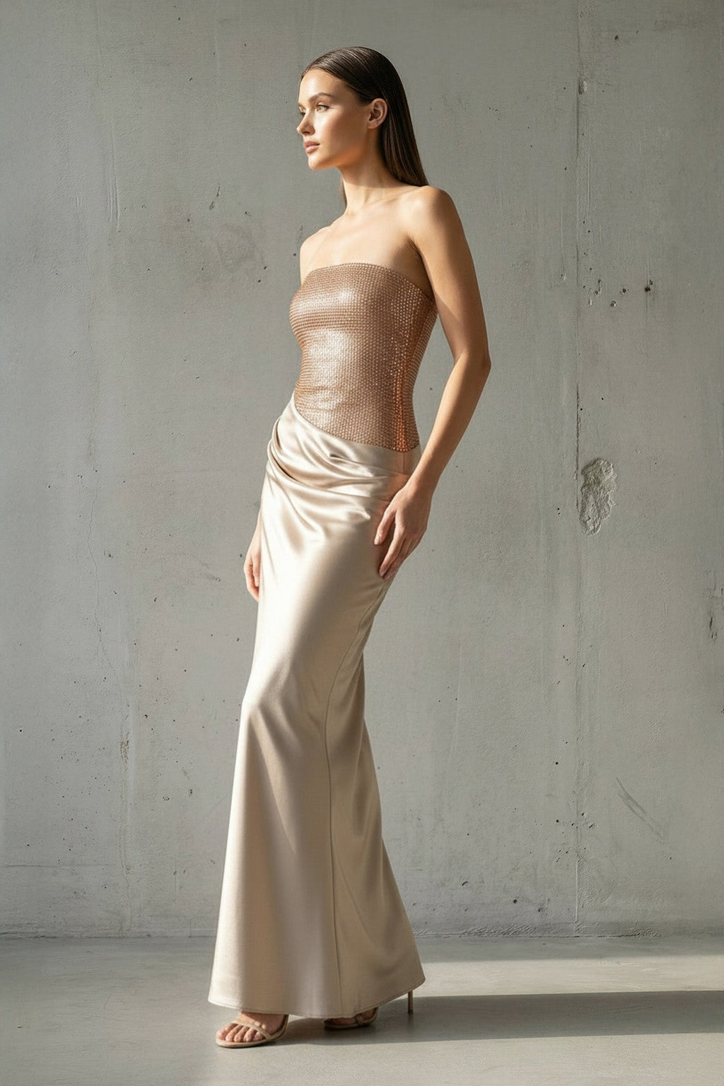 Strapless Maxi Dress With Beading in Champagne