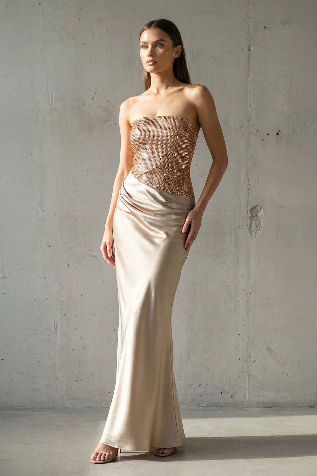 Strapless Maxi Dress With Beading in Champagne