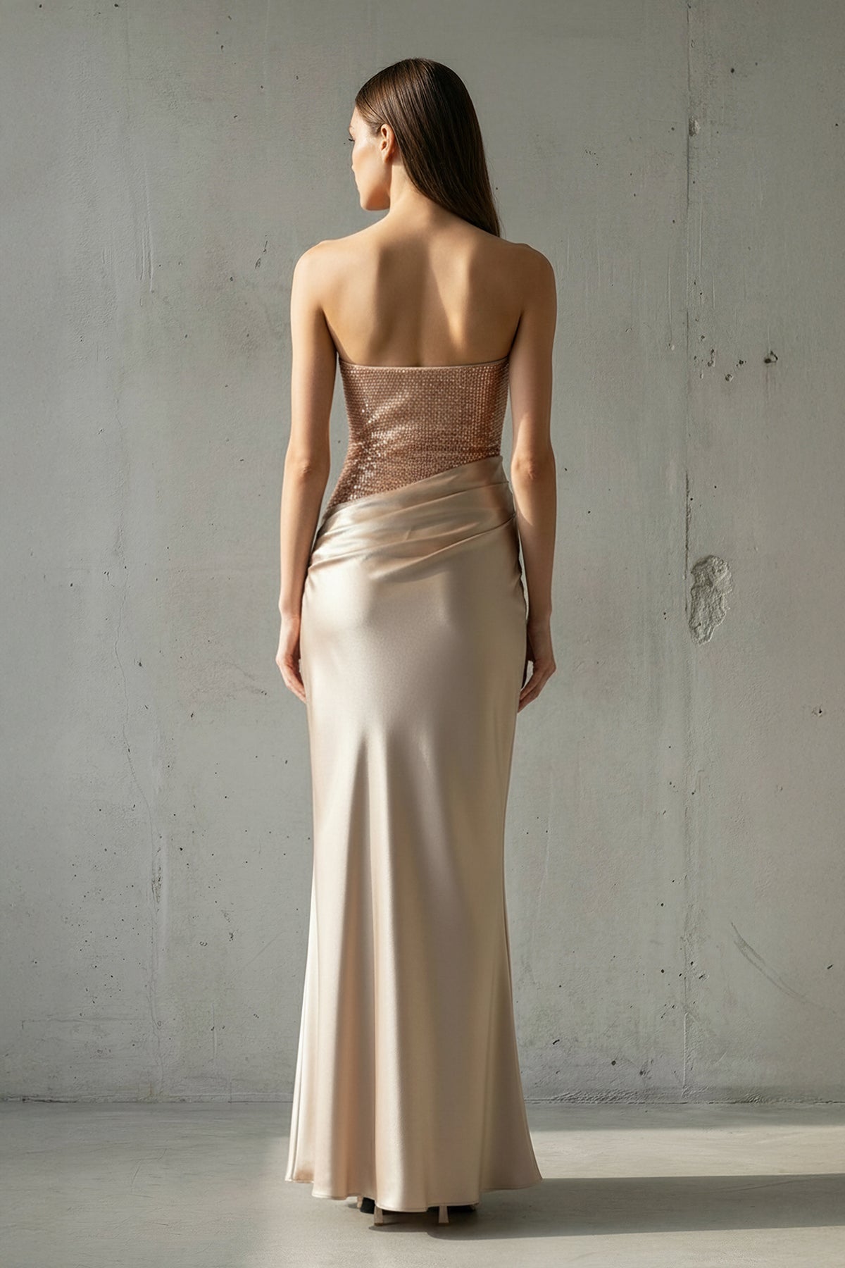 Strapless Maxi Dress With Beading in Champagne